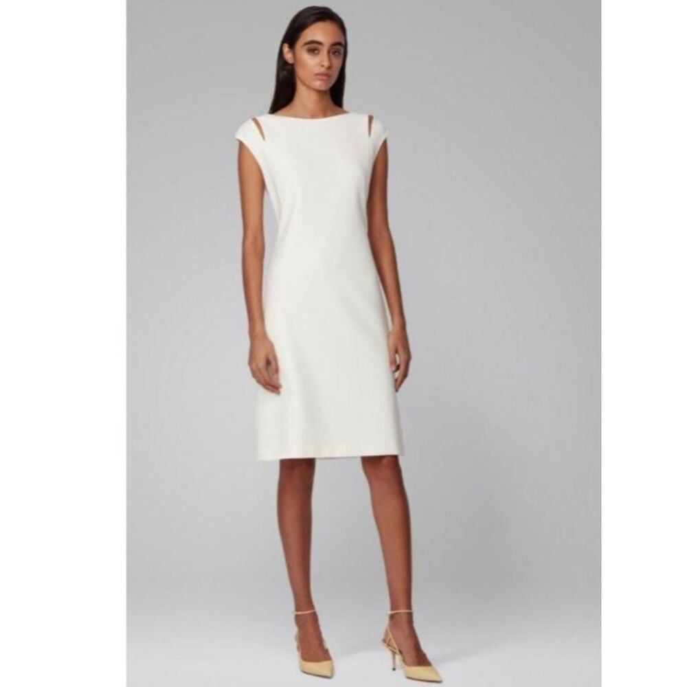 Hugo Boss 14 Dileky Shoulder Cutout Ponte Shift Dress White Cream